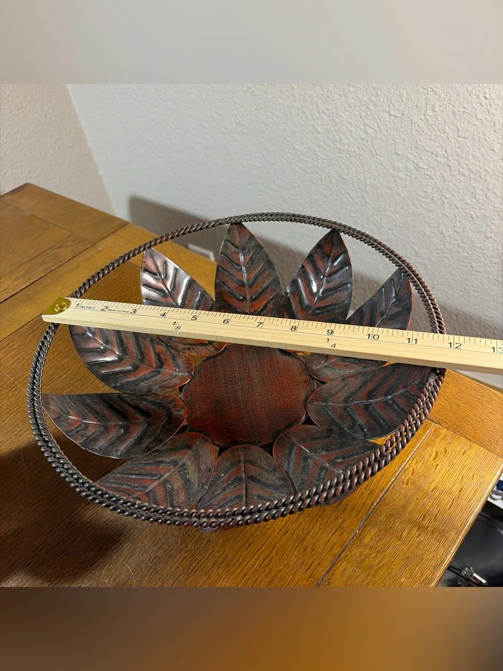 Metal Leaf Accent Fruit Bowl in Rustic Brown